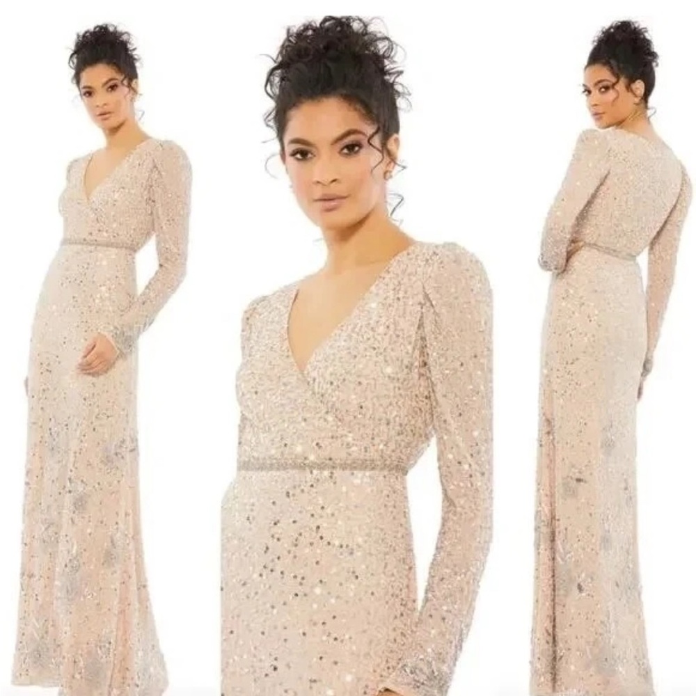 Mac Duggal Champagne Sequin Long Sleeve V-Neck Gown